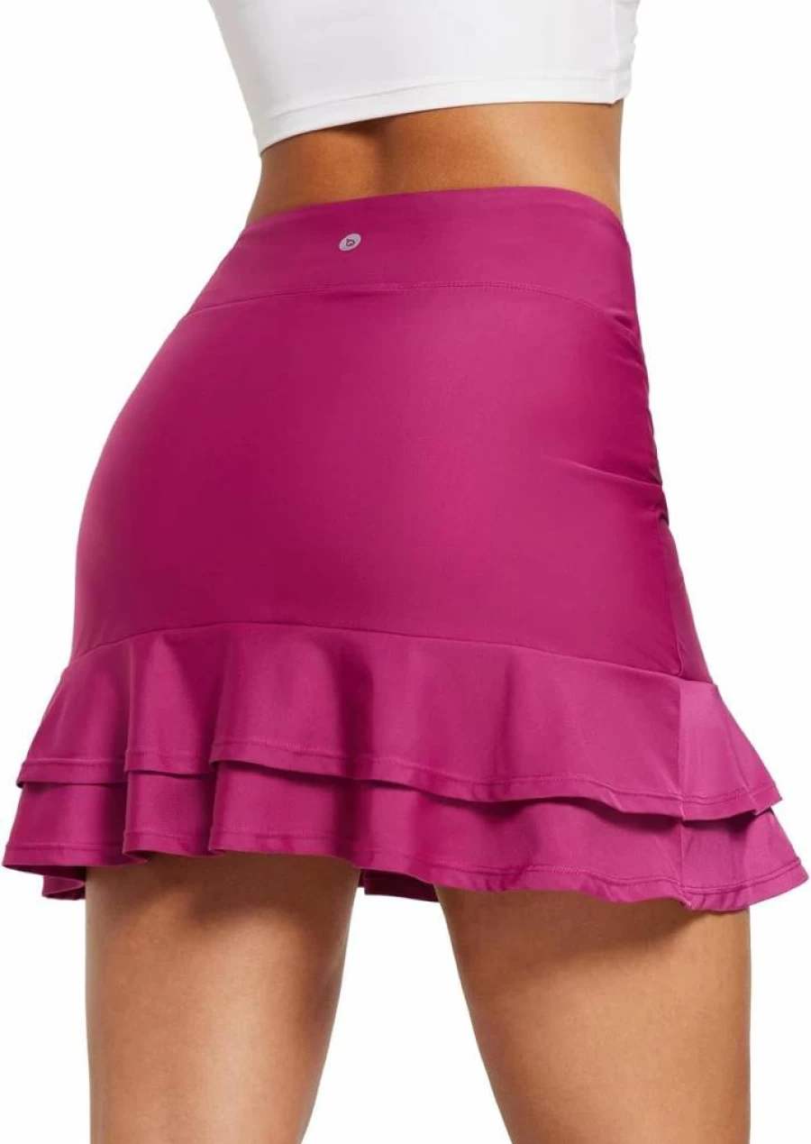 Baleaf Women's High Waisted Swim Skirt with Adjustable Drawstring, Tummy Control, Ruffle Trim, Pocket Liner & Modest Coverage - Quick Dry Swim Skort