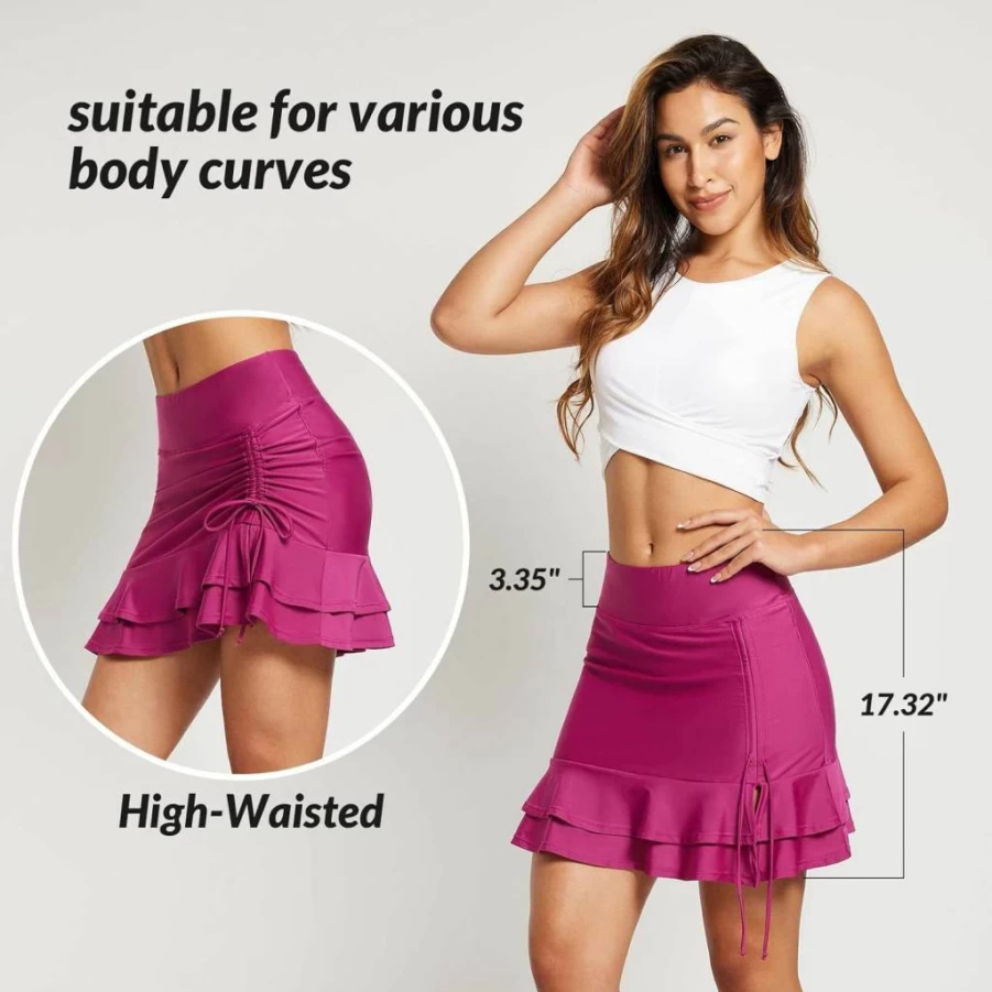 Baleaf Women's High Waisted Swim Skirt with Adjustable Drawstring, Tummy Control, Ruffle Trim, Pocket Liner & Modest Coverage - Quick Dry Swim Skort
