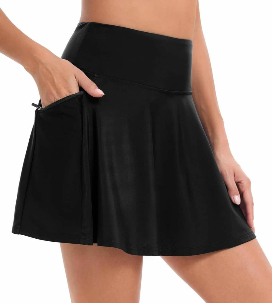 Oyamiki Women's High Waisted Bikini Bottom with Skirt - Tummy Control Swimwear with Zipper Pocket for Beach & Pool