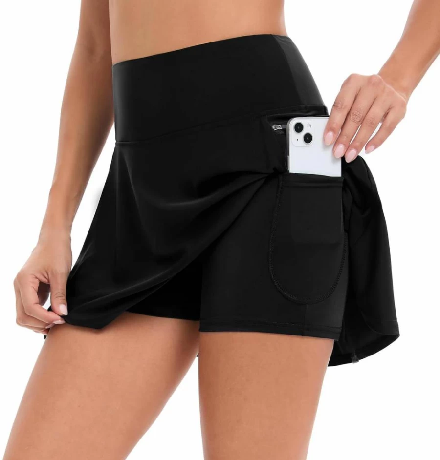 Oyamiki Women's High Waisted Bikini Bottom with Skirt - Tummy Control Swimwear with Zipper Pocket for Beach & Pool