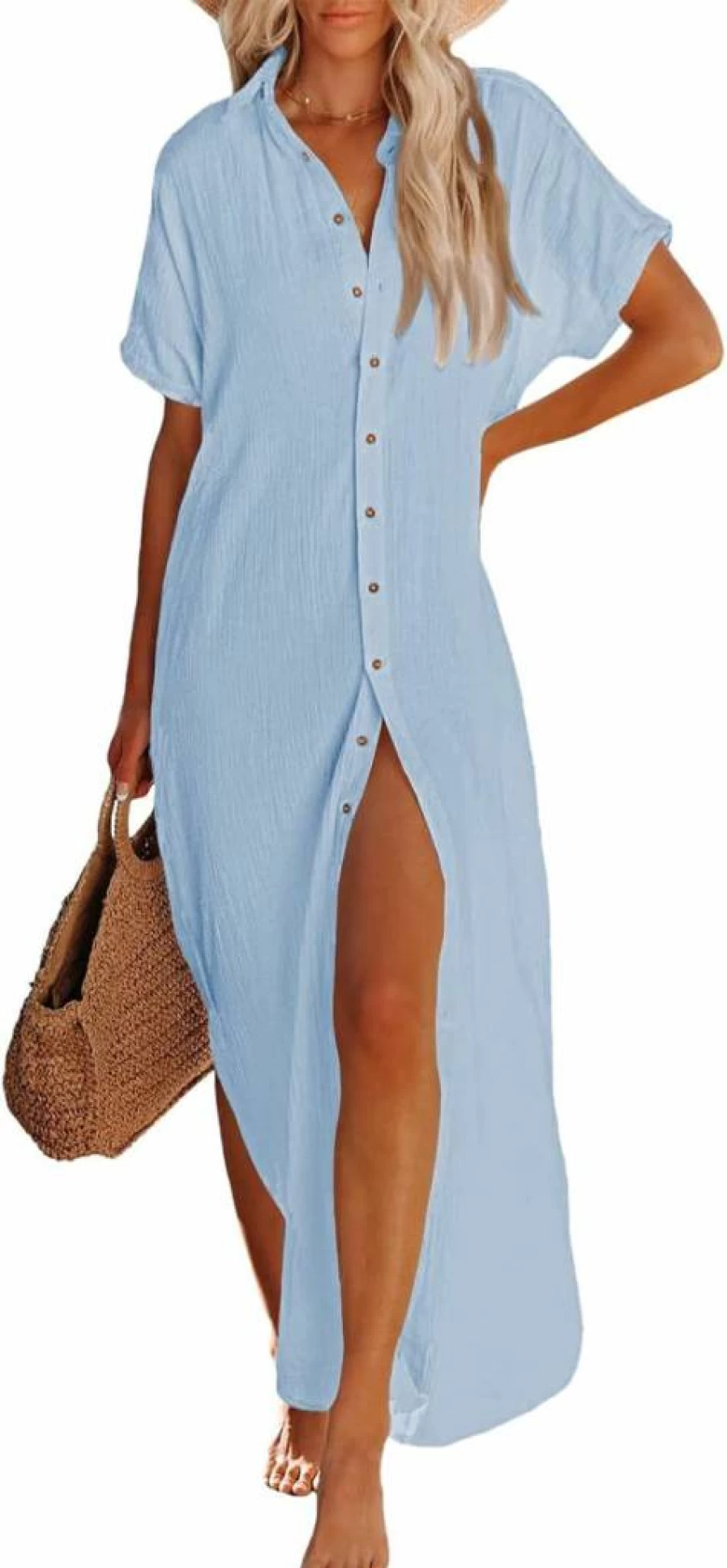 Pink Queen Women's Beach Cover Up Dress Short Sleeve Button Down Maxi Blouse with Side Slit and Belt for Swimwear