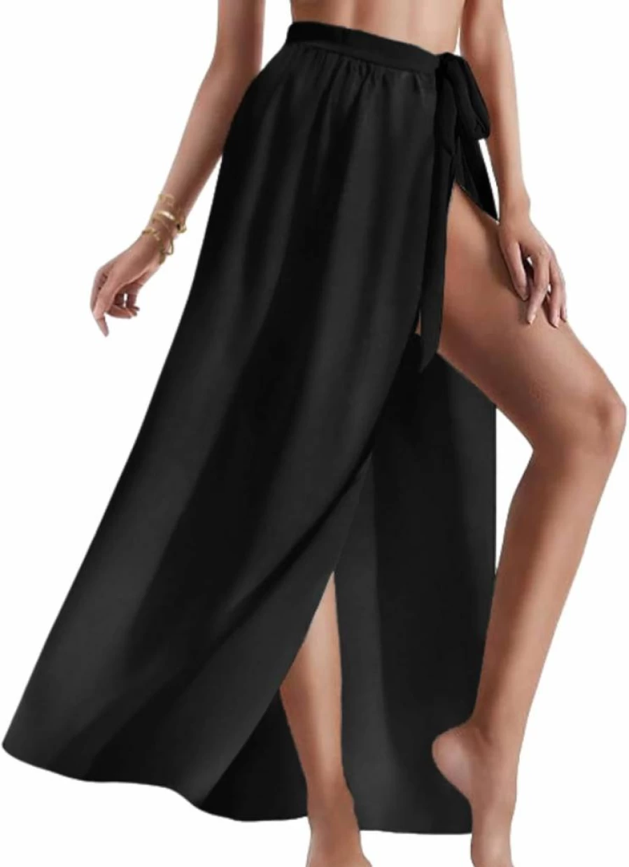 AI'MAGE Women's Long Chiffon Sarong Wrap - Floral Sheer Swimsuit Cover Up, Bathing Suit Beach Skirt, Black Tie Waist Coverup