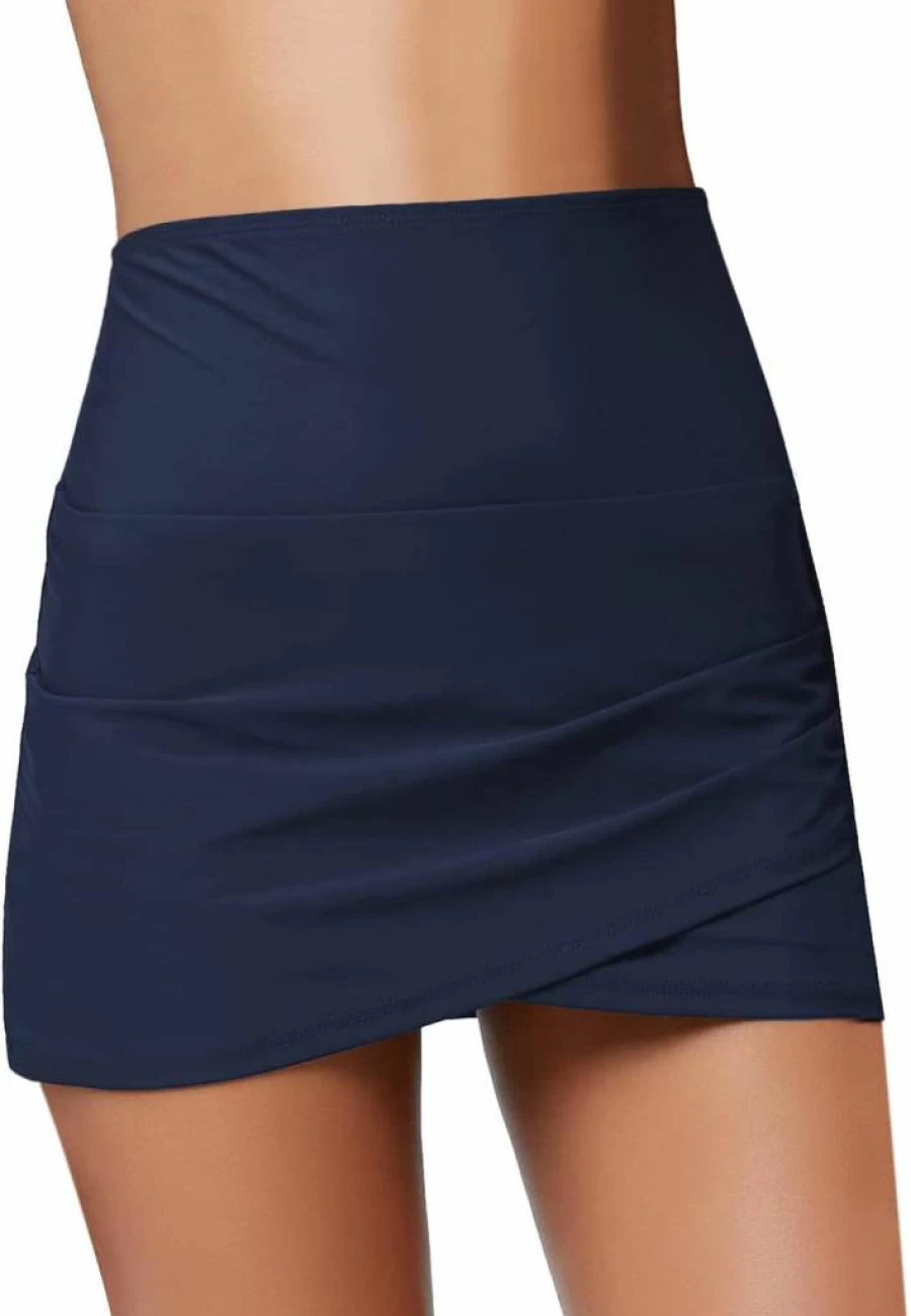 GRAPENT Women's High Waist Bikini Bottom Swim Skirt with Tulip Hem and Shirring Detail