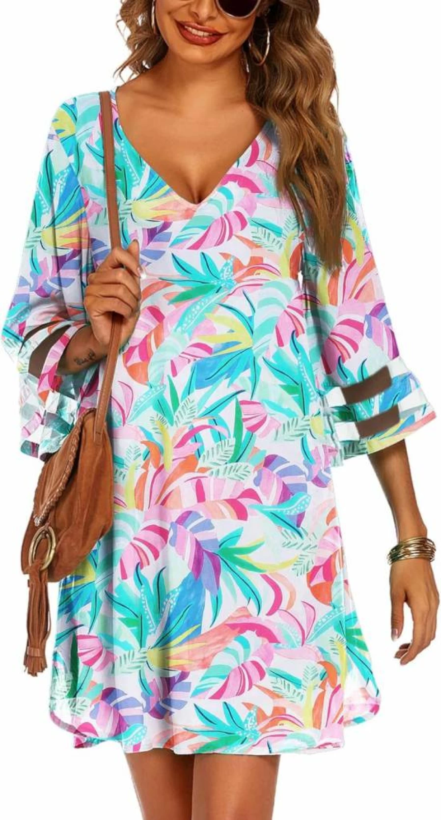 Ekouaer Women's 3/4 Bell Sleeve Beach Cover Up Dress - Deep V-Neck Swimsuit Bikini Coverup S-3XL Summer Beachwear