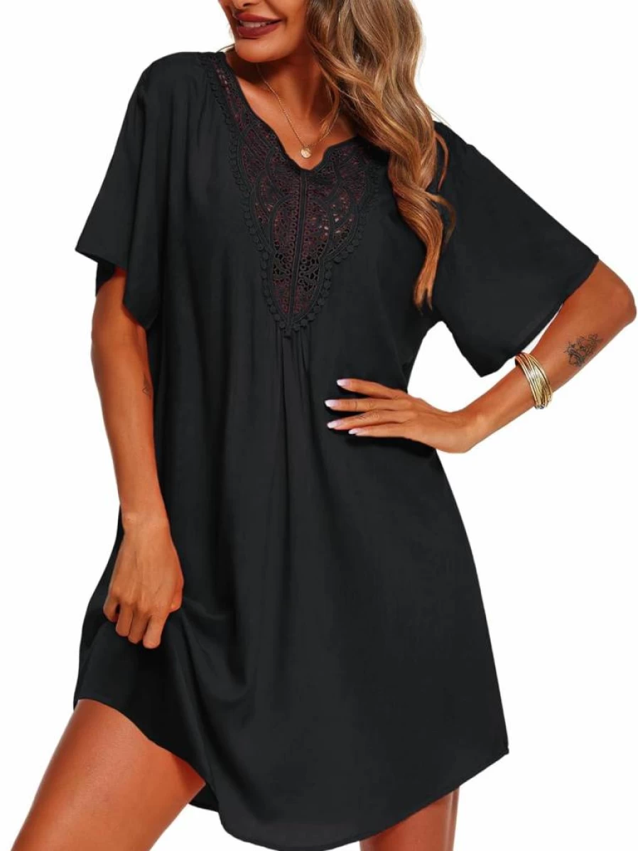Supnier Women's Lace Crochet Beach Cover Up Dress V Neck Swimsuit Cover Up for Summer