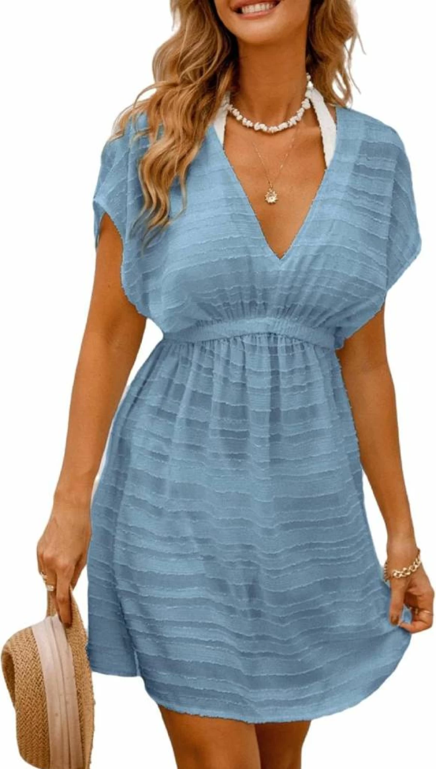 CUPSHE Women's Striped V-Neck Beach Cover Up Dress Short Sleeve Summer Swimwear Casual Textured Resort Wear