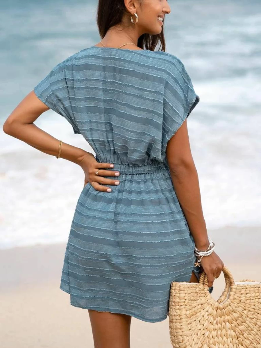 CUPSHE Women's Striped V-Neck Beach Cover Up Dress Short Sleeve Summer Swimwear Casual Textured Resort Wear
