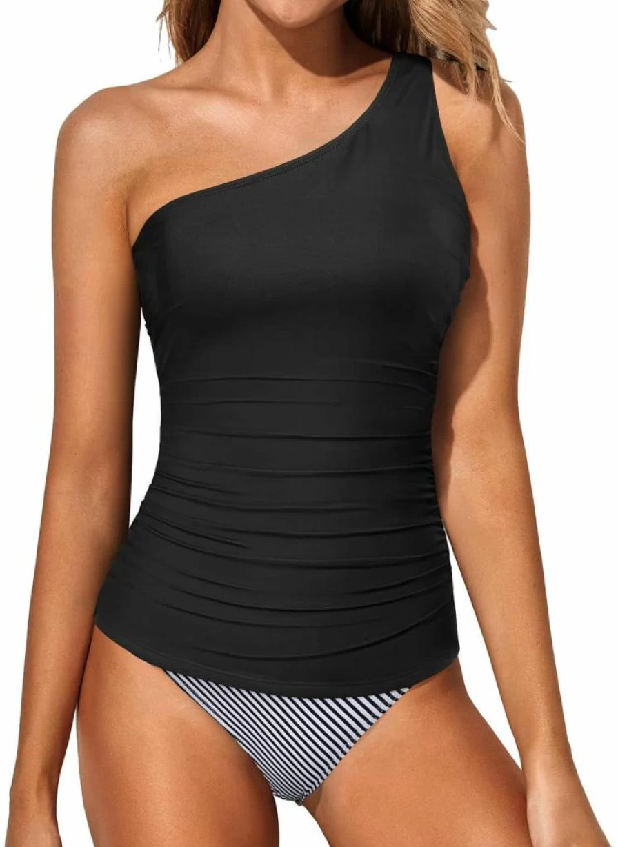 Tempt Me Women's One Shoulder Tankini Swimwear Set - Tummy Control Two Piece Bathing Suit with Bikini Bottoms