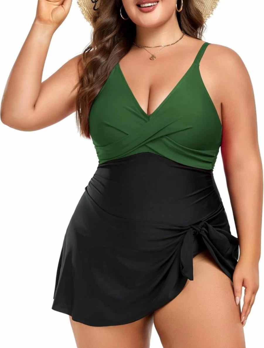 Plus Size Swim Dress for Women - Tummy Control One Piece Swimsuit with V Neck Wrap & Cute Tie Knot - Full Coverage Bathing Suit by MFAVIP