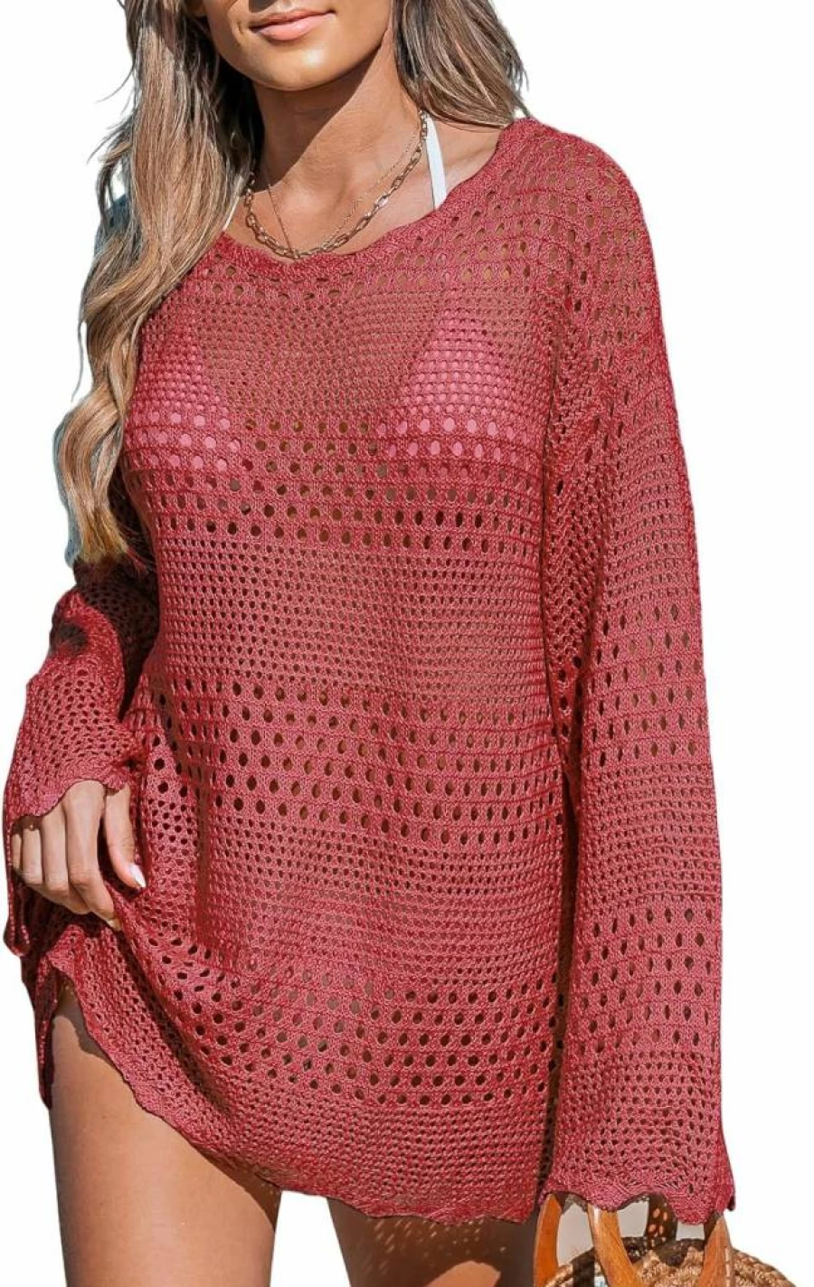 CUPSHE Women's Crochet Knit Beach Cover Up Dress - Mesh Swimwear Pullover for Bathing Suit
