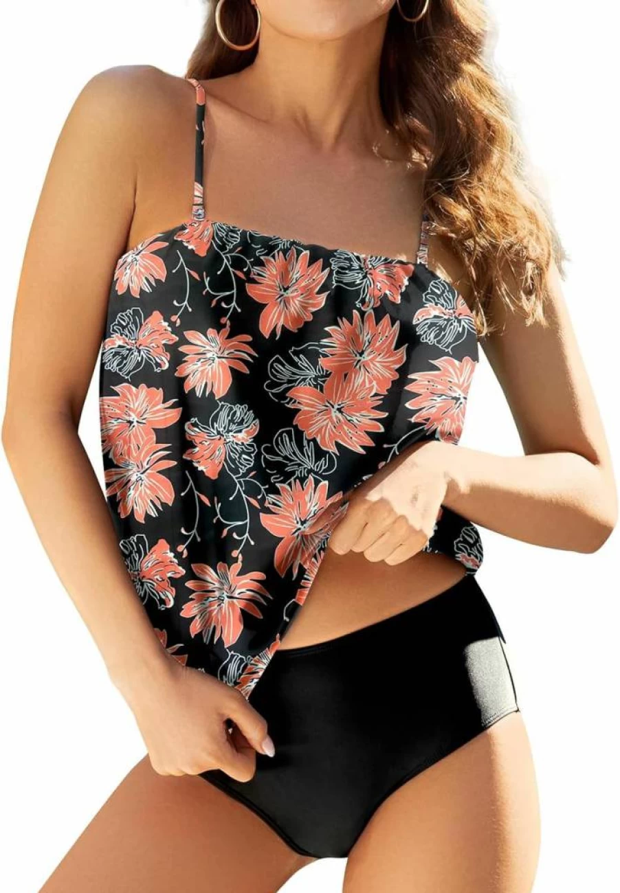 Chenghe Women's Two-Piece Bandeau Tankini Set - Loose Blouson Swim Top & Tummy Control Bikini Bottom Bathing Suit