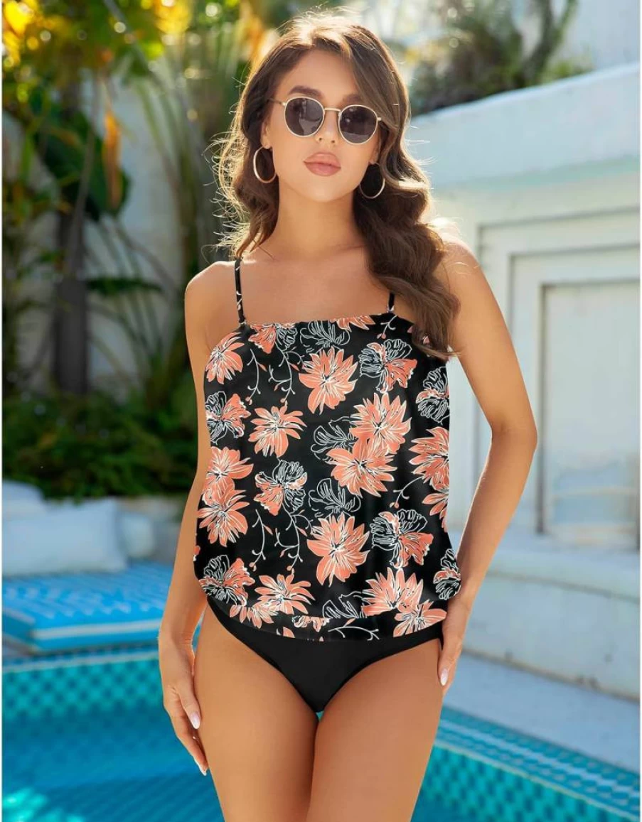 Chenghe Women's Two-Piece Bandeau Tankini Set - Loose Blouson Swim Top & Tummy Control Bikini Bottom Bathing Suit