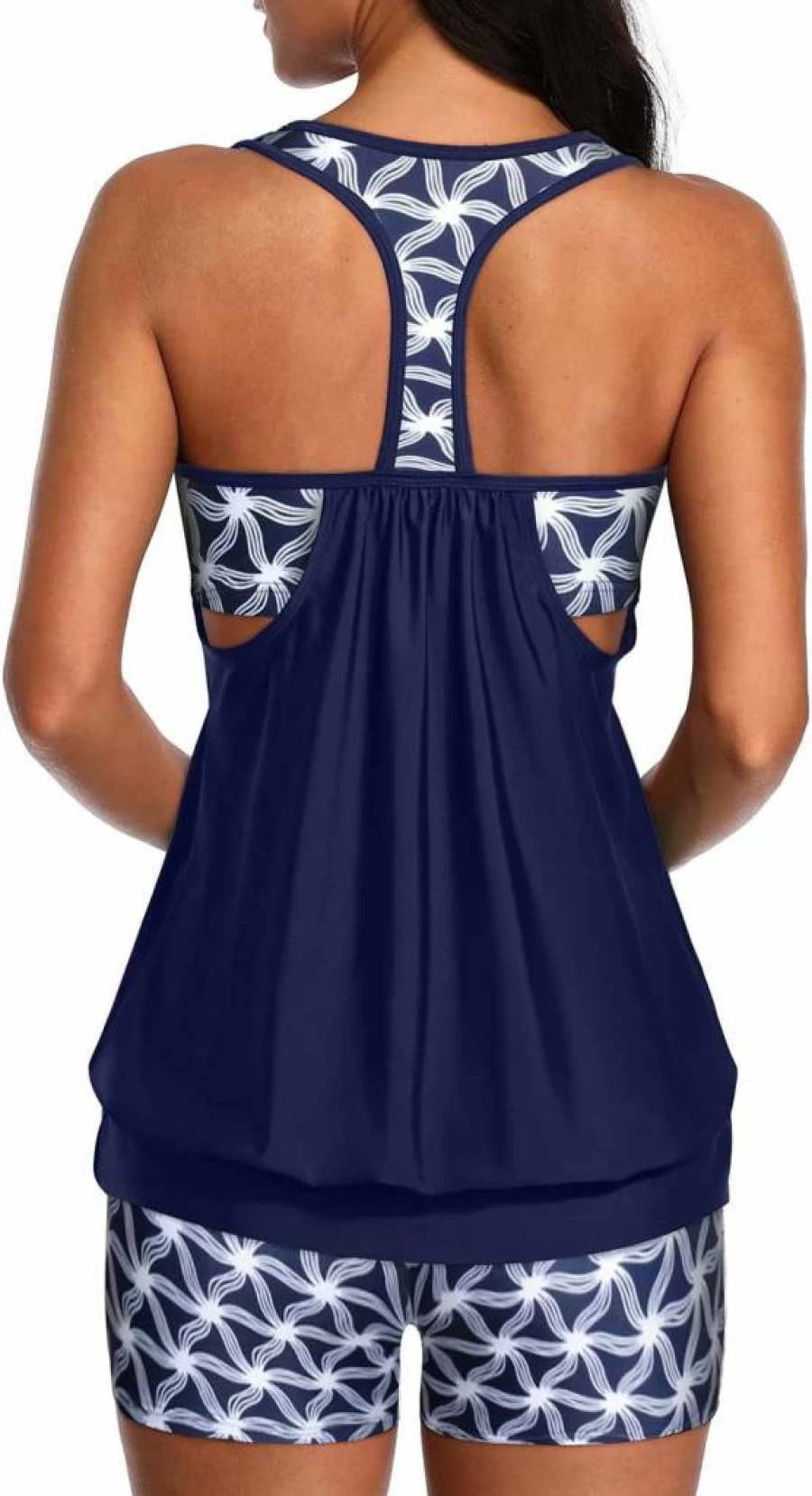 Yonique Women's Sporty T-Back Tankini Swimwear Set - Blouson Swim Top & Boy Shorts Bathing Suit
