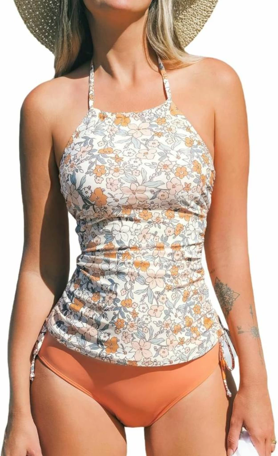 CUPSHE Women's High Neck Halter Tankini Swimsuit Two-Piece Set with Adjustable Drawstrings and Mid Rise Bottom