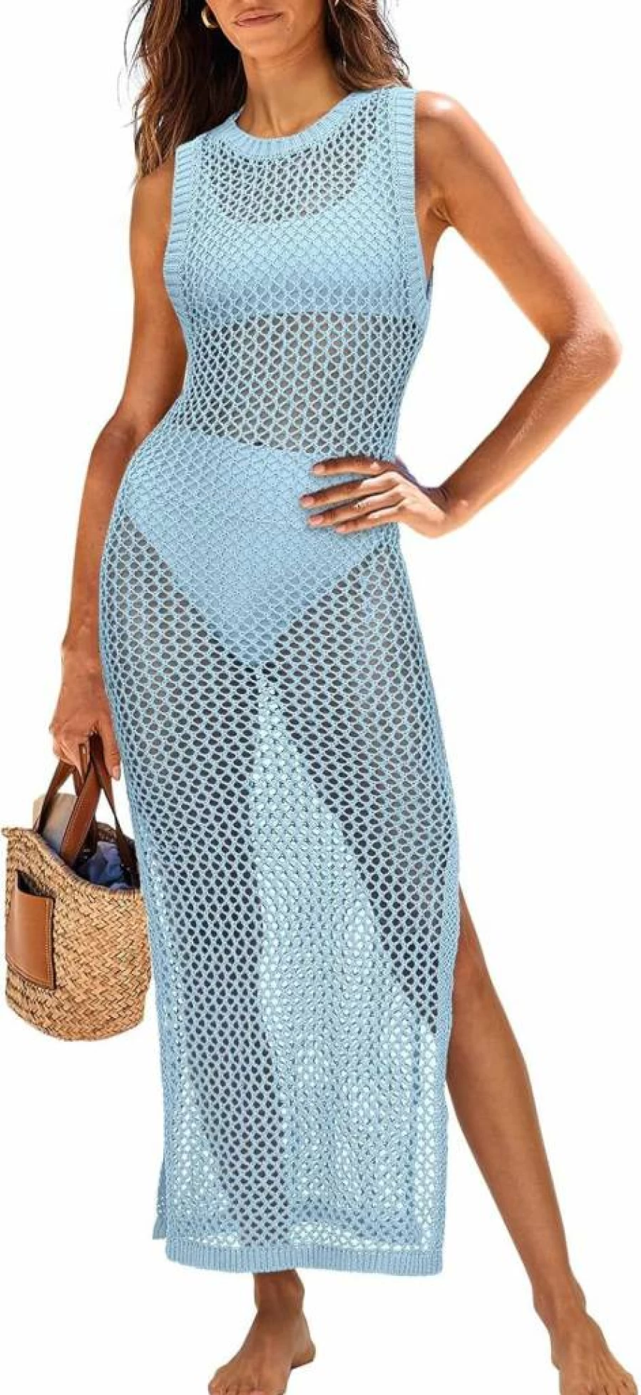 ANRABESS Women's Crochet Beach Cover Up Dress - Sleeveless Hollow Knit Bikini Swimwear Coverup for Summer