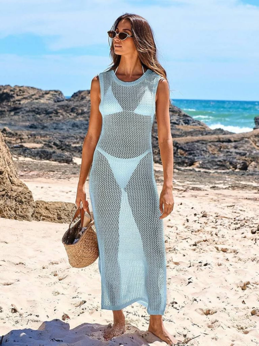 ANRABESS Women's Crochet Beach Cover Up Dress - Sleeveless Hollow Knit Bikini Swimwear Coverup for Summer
