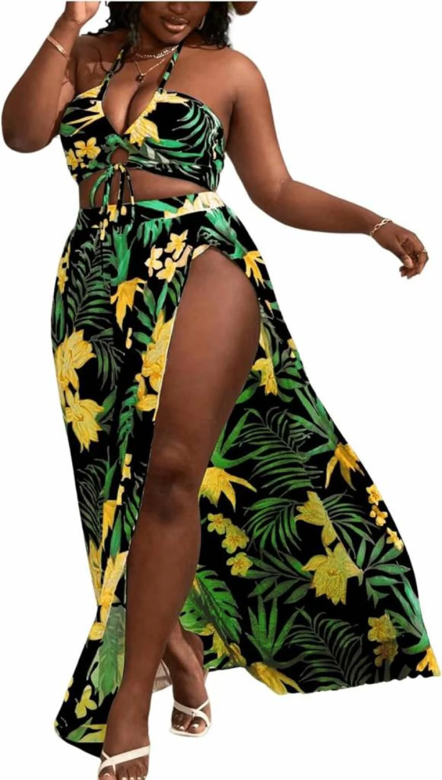 SOLY HUX Women's Plus Size Floral Bikini Set - Halter Top & Beach Skirt 3-Piece Swimsuit for Women