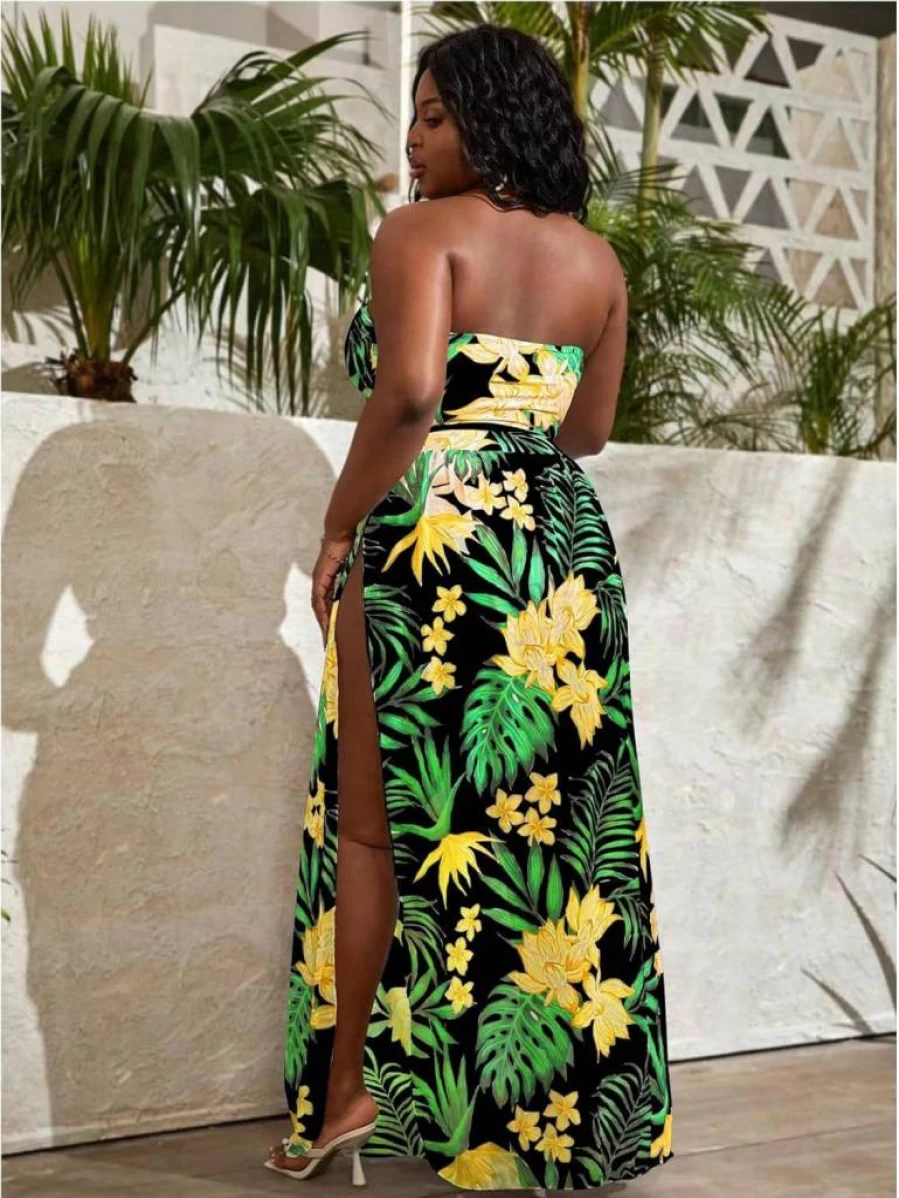 SOLY HUX Women's Plus Size Floral Bikini Set - Halter Top & Beach Skirt 3-Piece Swimsuit for Women