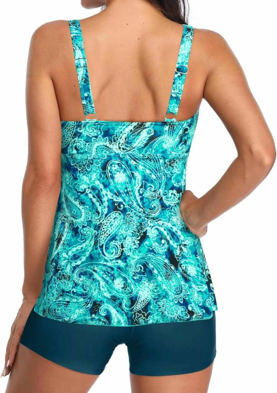 Yonique Women's Modest Flowy Tankini Swimwear Set - V-Neck Tank Top & Boyshorts Bathing Suit