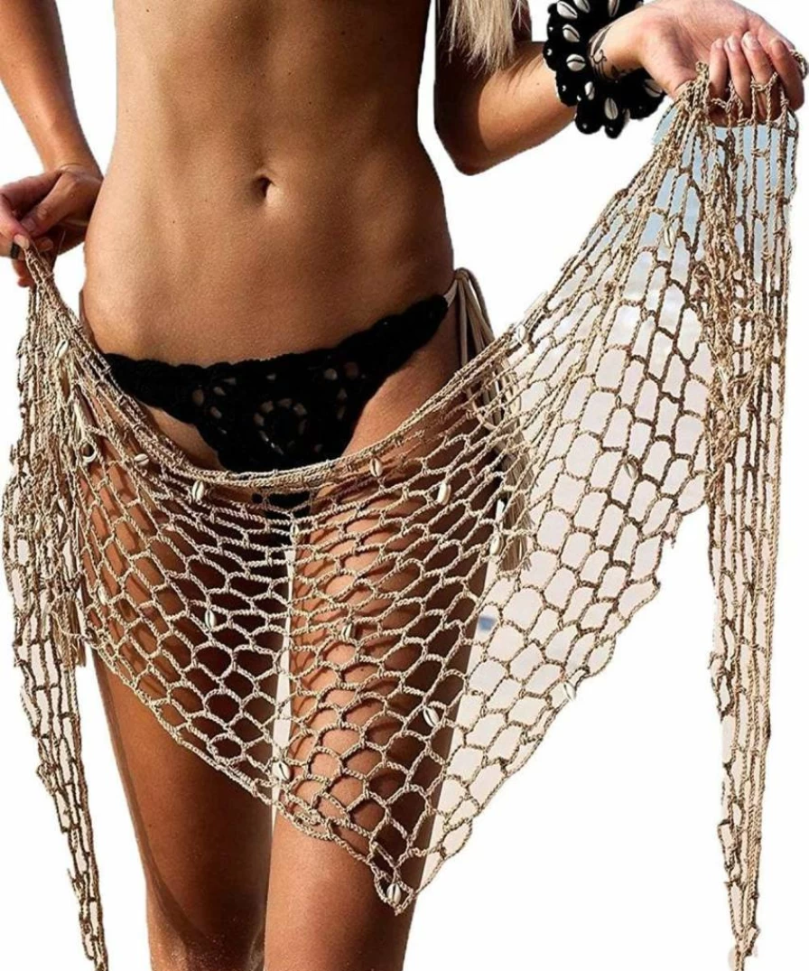 BOGZON Sexy Crochet Beach Cover Up Shawl – Women’s Fashion Sunscreen Net Capelet, Triangle Fishnet Skirt for Swimwear, 59x31.5 Inches