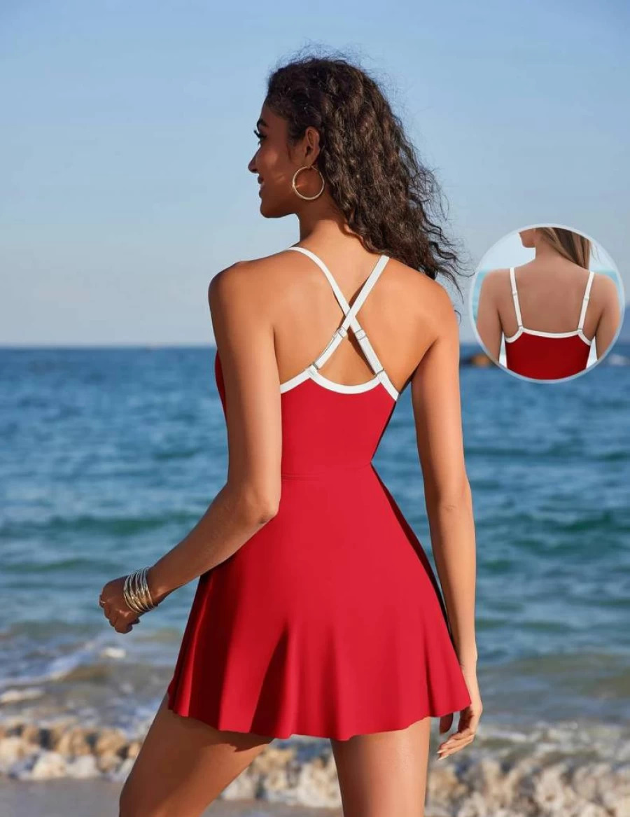 AI'MAGE Women's A-Line Swim Dress with Tummy Control, Adjustable Straps & Pockets - One Piece Bathing Suit