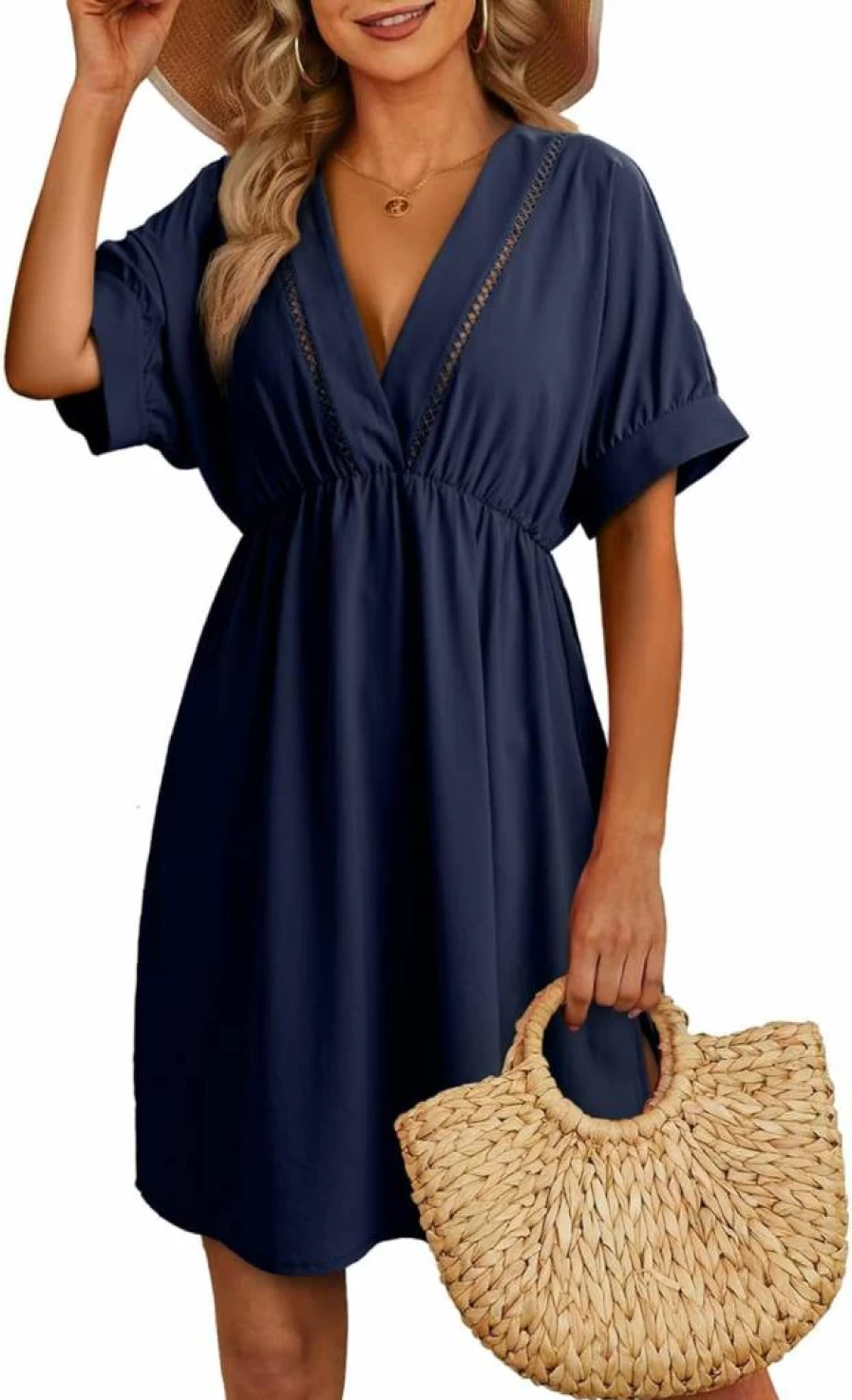 Dokotoo Women's Hollow Out V-Neck Bikini Cover Up Dress Short Sleeve Beach Swimsuit Wrap Mini Dress