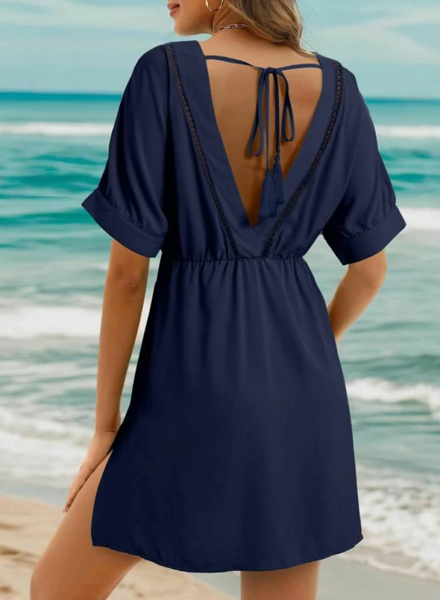 Dokotoo Women's Hollow Out V-Neck Bikini Cover Up Dress Short Sleeve Beach Swimsuit Wrap Mini Dress