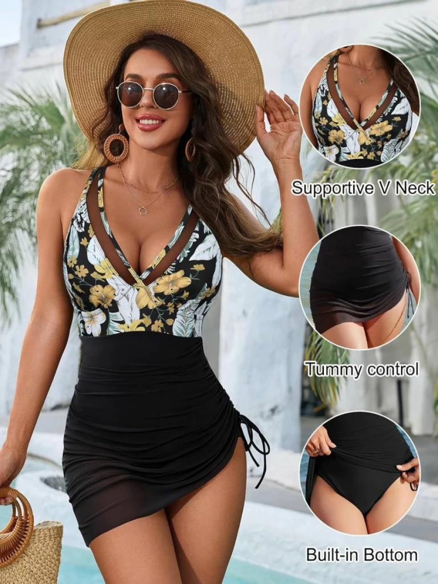 Blooming Jelly Women's Slimming One Piece Swim Dress with Tummy Control & Mesh Sarong Wrap Bathing Suit