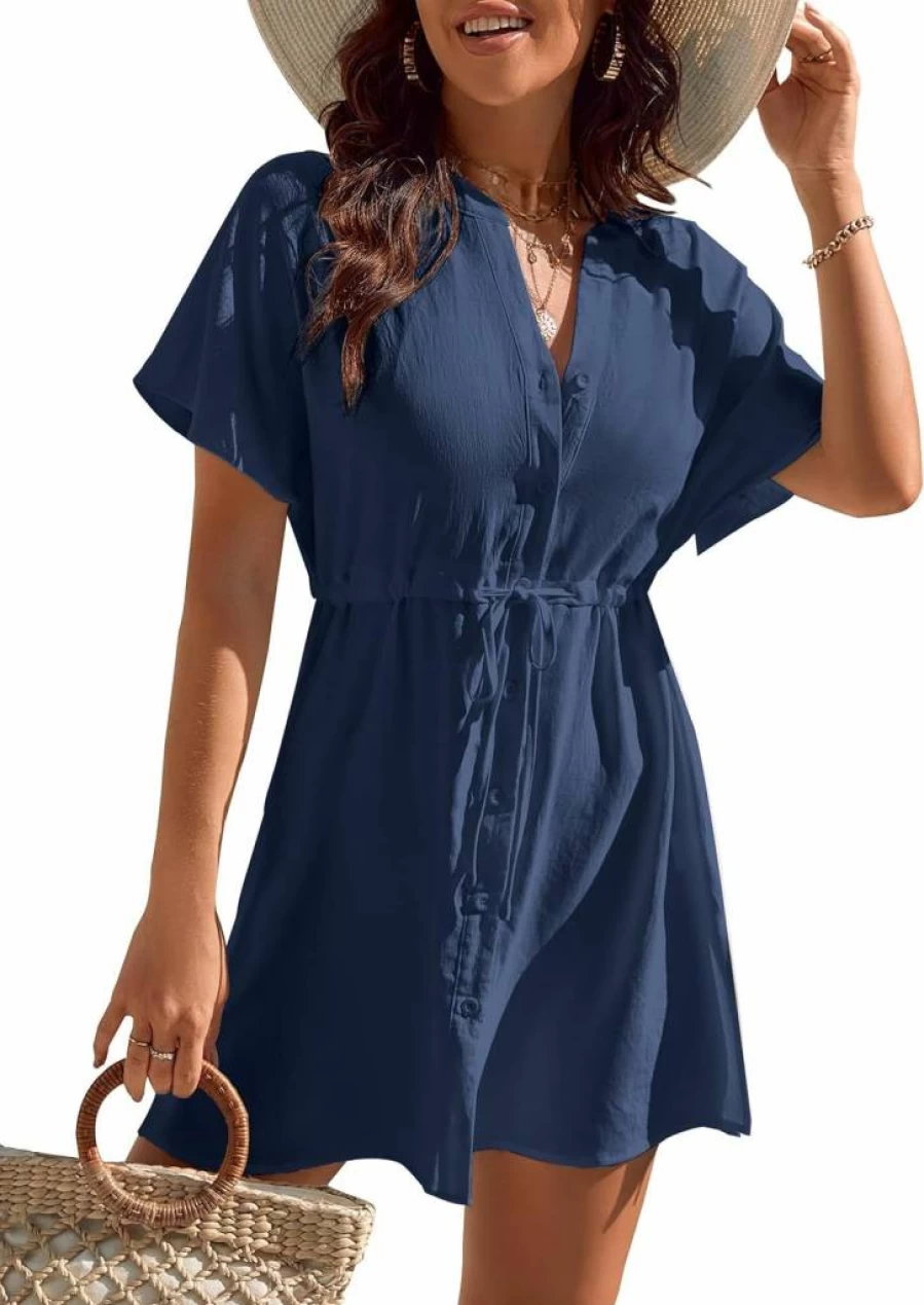 Blooming Jelly Women's Button Down Beach Cover Up Dress for Swimwear Bikini