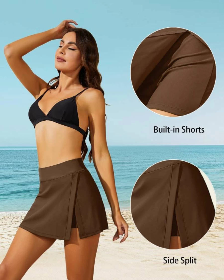 Aqua Eve High Waisted Swim Skirt for Women - Tummy Control Swimsuit with Built-In Shorts & Side Splits