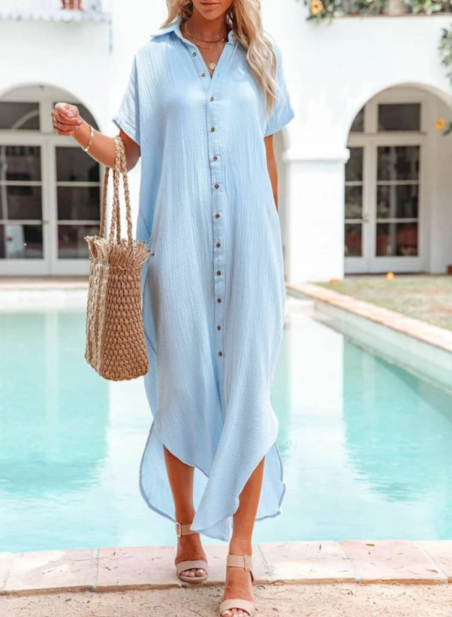 Dokotoo Women's Summer Beach Cover Up Casual Long Kimono Cardigan with Side Split and Button Down Design for Swimsuits