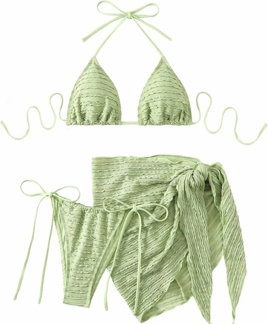 GORGLITTER Women's 3-Piece Bikini Set - Halter Triangle String Bikini with Beach Skirt Swimwear