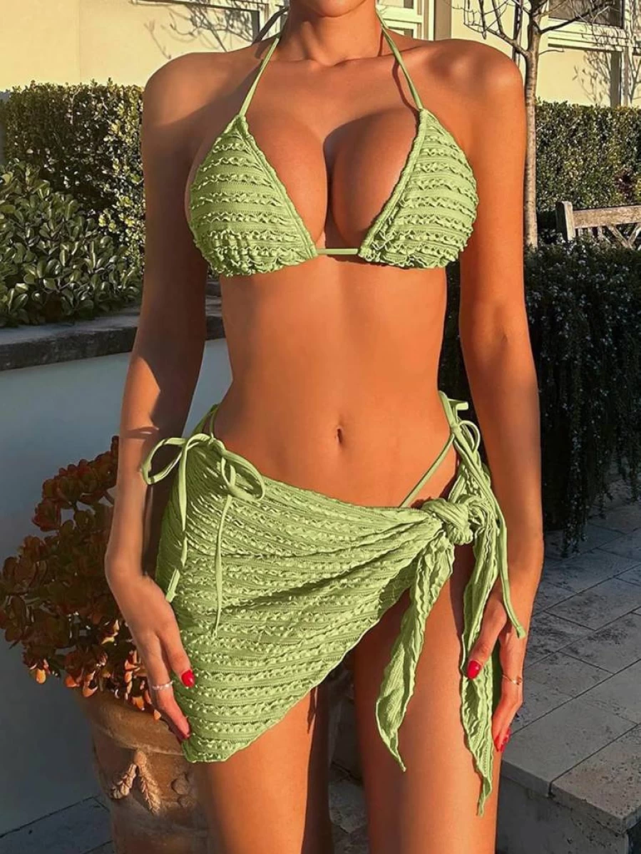 GORGLITTER Women's 3-Piece Bikini Set - Halter Triangle String Bikini with Beach Skirt Swimwear