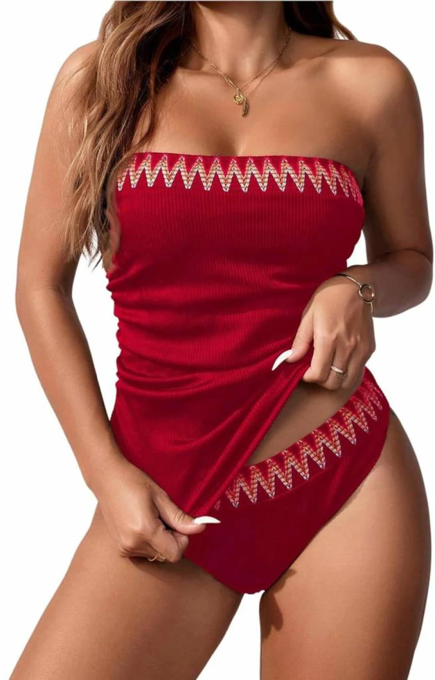 SOLY HUX Women's Strapless Bandeau Tankini Bikini Set - Boho Two Piece Swimwear with Tummy Control Modest Bathing Suits