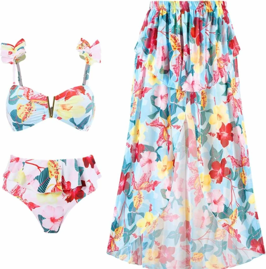BAWHAHT Women's 3-Piece High Waisted Bikini Set - Retro Swimsuits with Cover Up Skirt & Beach Wrap