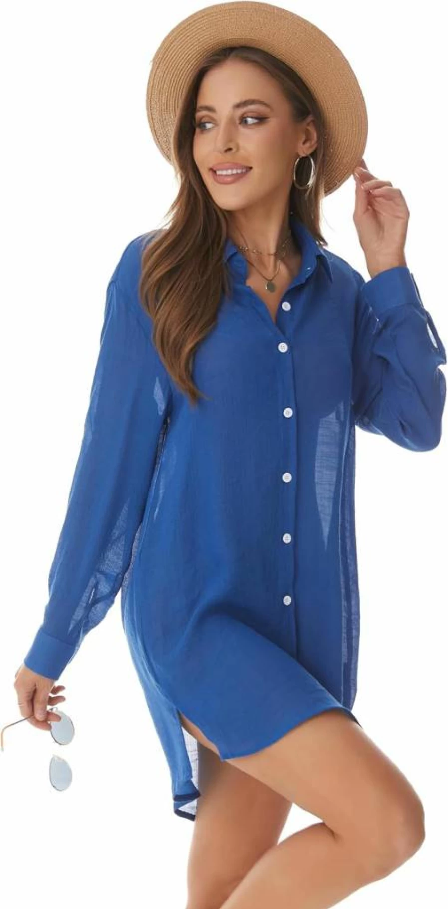 Roojaa Women's Sheer Beach Cover Up Button Down Shirt - Lightweight Swimwear Bathing Suit Wrap