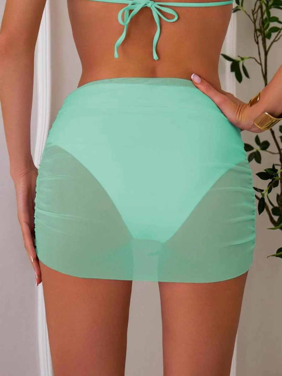 SherryDC High Waisted Bikini Bottoms with Ruched Mesh and Sheer Swim Skirt for Women