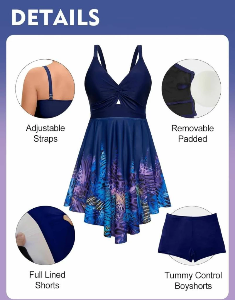Arolina Women's Plus Size Tummy Control Swim Dress Two-Piece Tankini Set with Flowy Top and Shorts