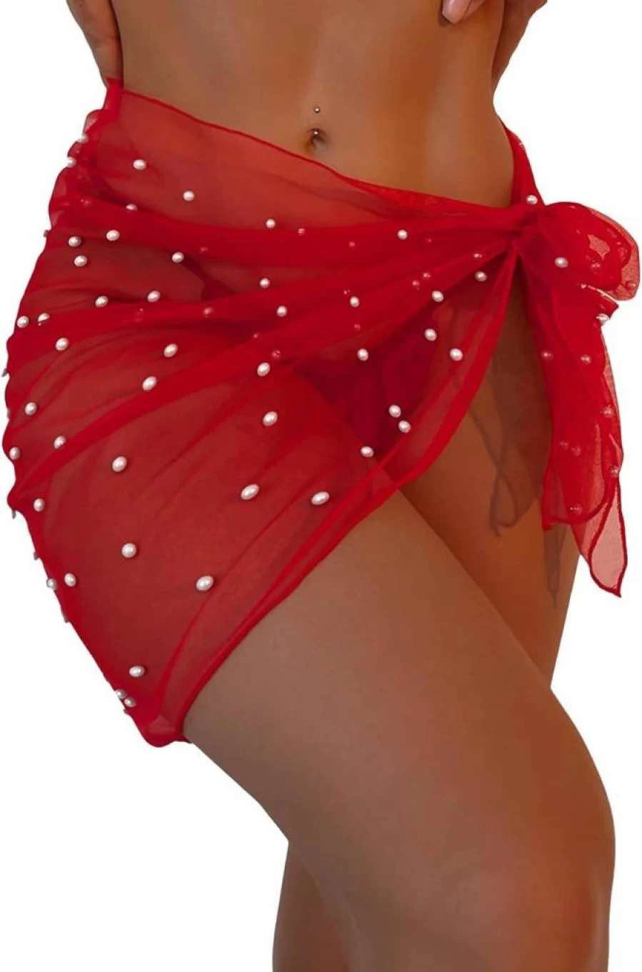 GORGLITTER Women's Sheer Mesh Cover Up Sarong - Faux Pearl Bridal Beach Wrap Skirt for Swimsuits & Bathing Suits