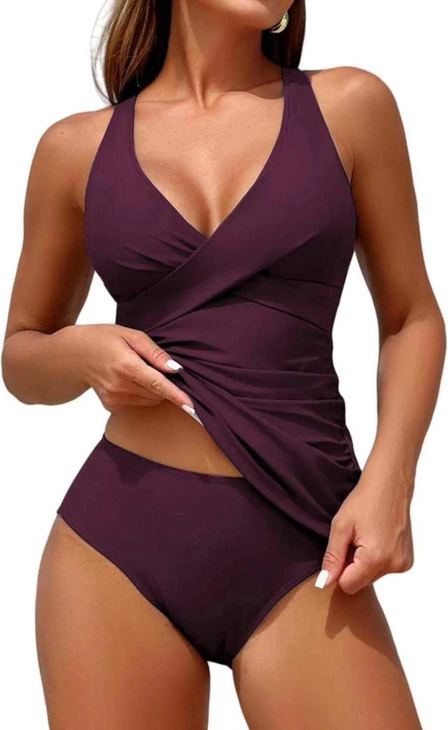 ZAFUL Women's Sexy Push Up Tankini Swimwear Set with V-Neck Top & Tummy Control Ruched Bottom Two-Piece Bathing Suit