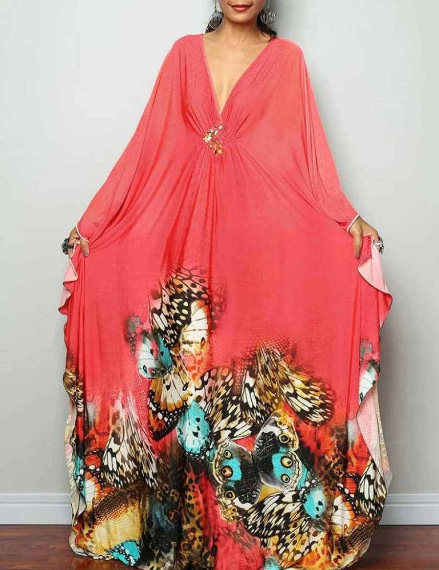Bsubseach Women's Plus Size Ethnic Print Kaftan Beach Cover Up Dress for Swimwear