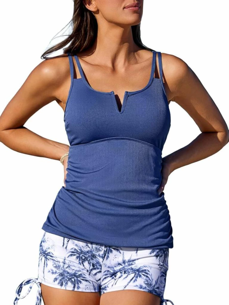 Summer Mae Women's Ruched Tankini Top with V-Wire & Tummy Control - Two Piece Swimsuits for Women