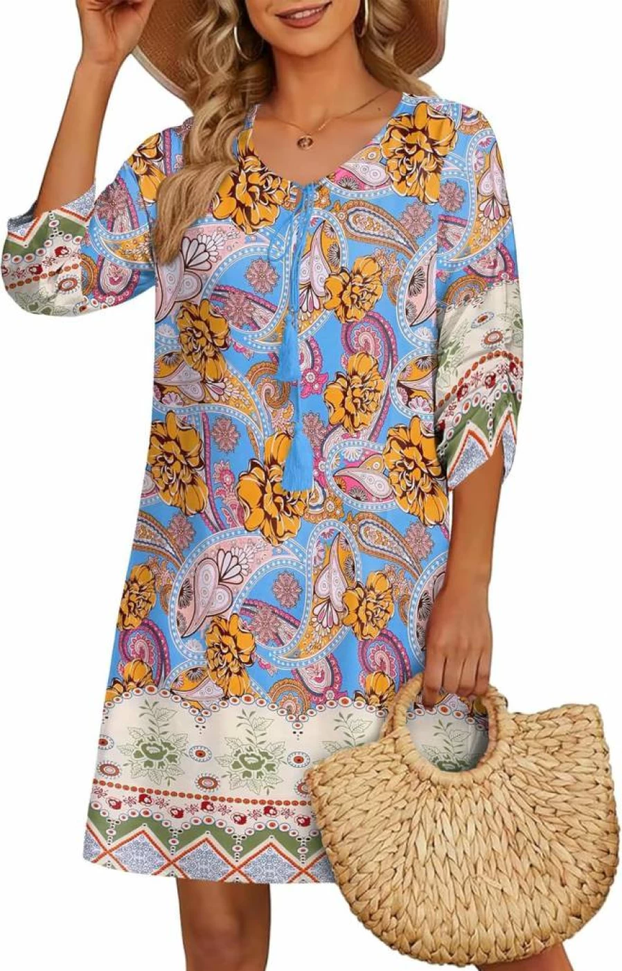 HOTOUCH Women's Boho Floral Print Sundress with Tassel Tie Neck and 3/4 Sleeves - Beach Cover Up Dress for Summer Casual Wear