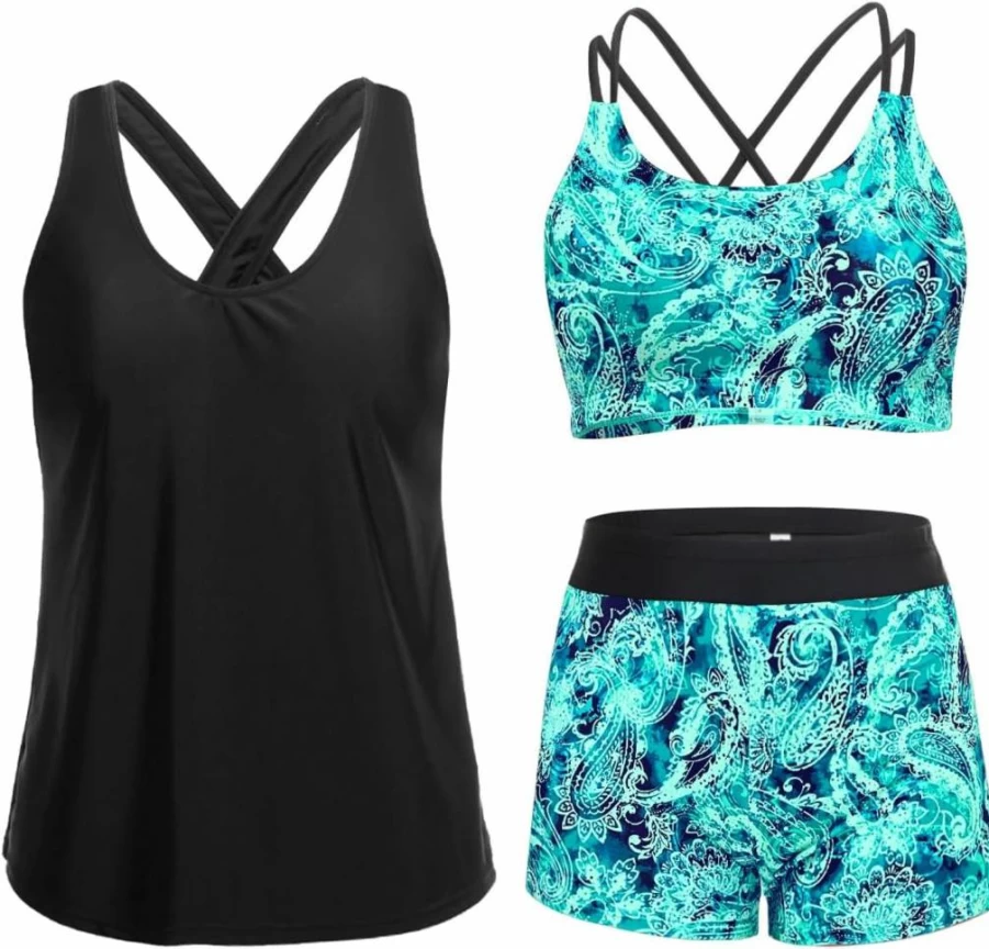 Holipick Women's 3-Piece Tummy Control Tankini Swimwear Set - High-Waist Swim Shorts & Built-In Bra Tank Top
