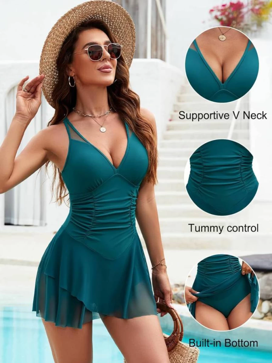Blooming Jelly Women's Slimming V-Neck Swim Dress with Tummy Control & Mesh Tie Back One Piece Bathing Suit