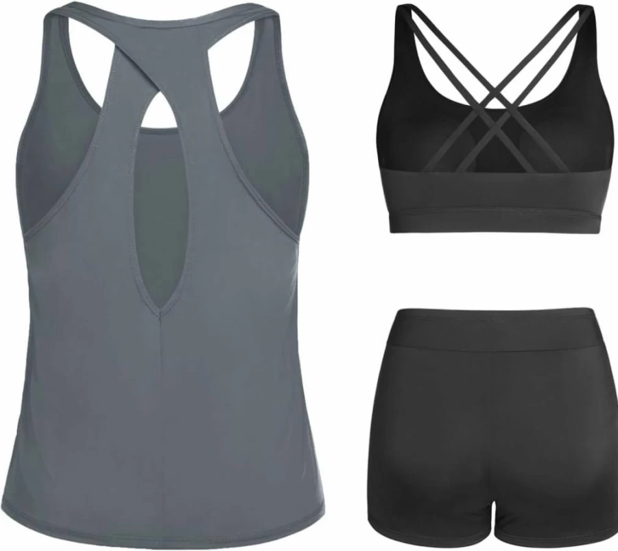 Tempt Me Women's 3-Piece Athletic Tankini Swimwear Set - Modest Swim Tank Top with Boy Shorts & Sports Bra