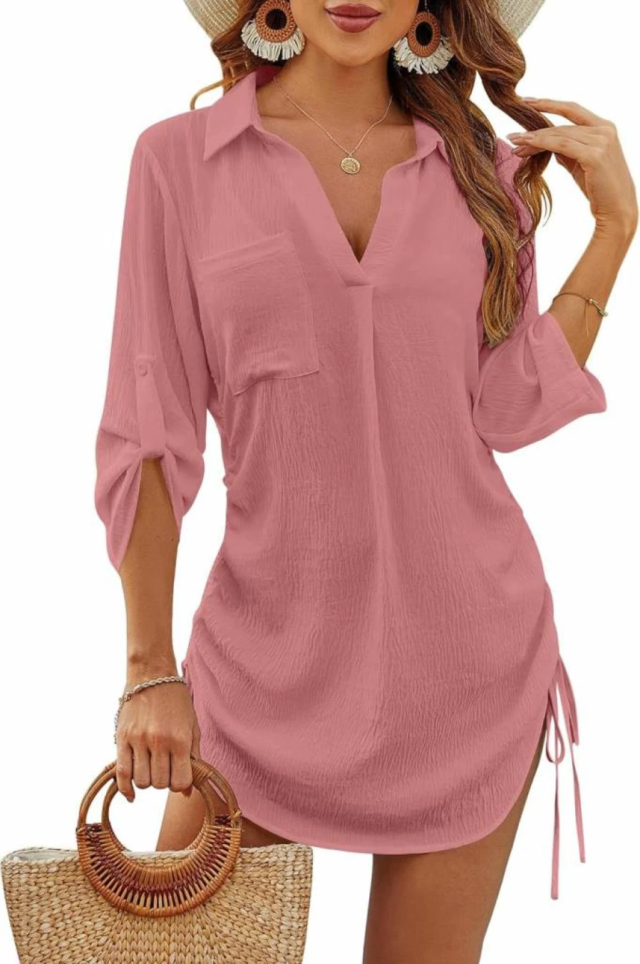 Blooming Jelly Women's Beach Cover Up Dress - Bikini Swimsuit Cover Up with Drawstring, Lightweight Summer Beach Shirt