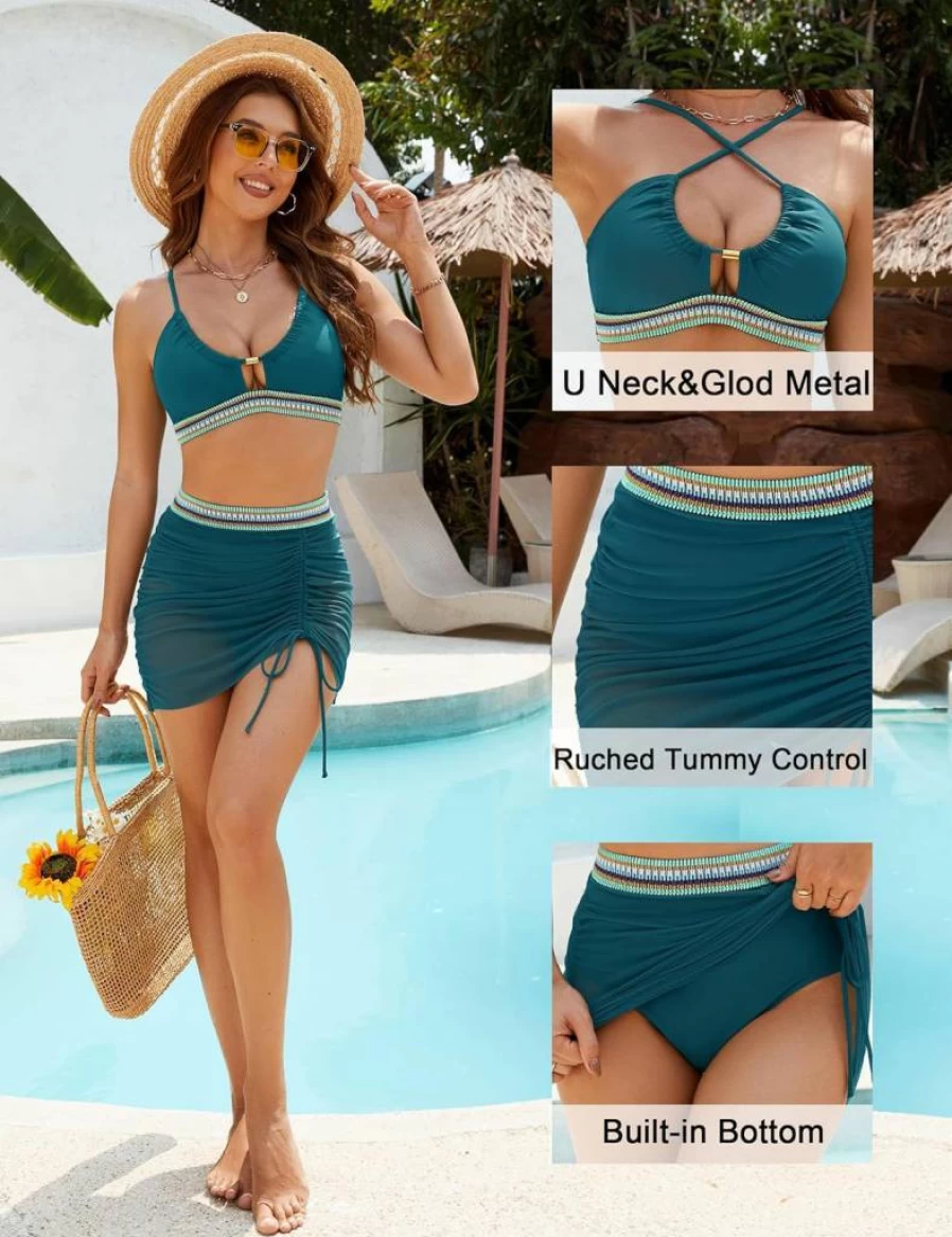 BMJL Women's High Waisted Bikini Set with Mesh Skirt - Tummy Control Color Block Swimsuit | 2025 Summer Bathing Suit