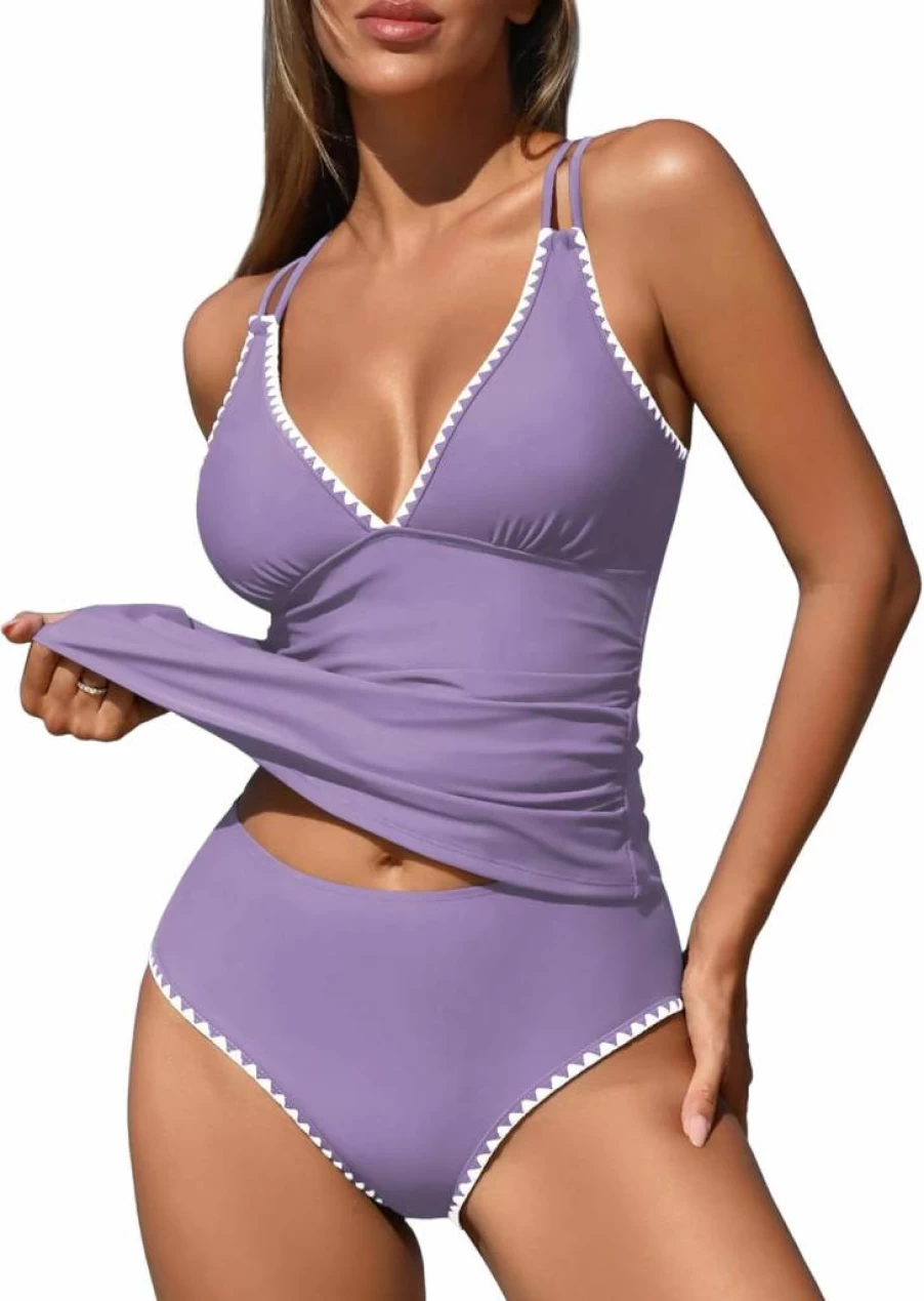 ZAFUL Women's Push Up Tankini Swimsuits - V Neck Color Block Bikini Top & High Waisted Tummy Control Swim Bottom Bathing Suits