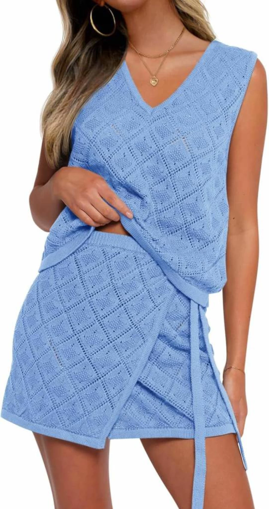 Fisoew Women's 2 Piece Crochet Beach Cover Up Set - Sleeveless V Neck Tank Top with Wrap Skirt, Summer Vacation Outfits